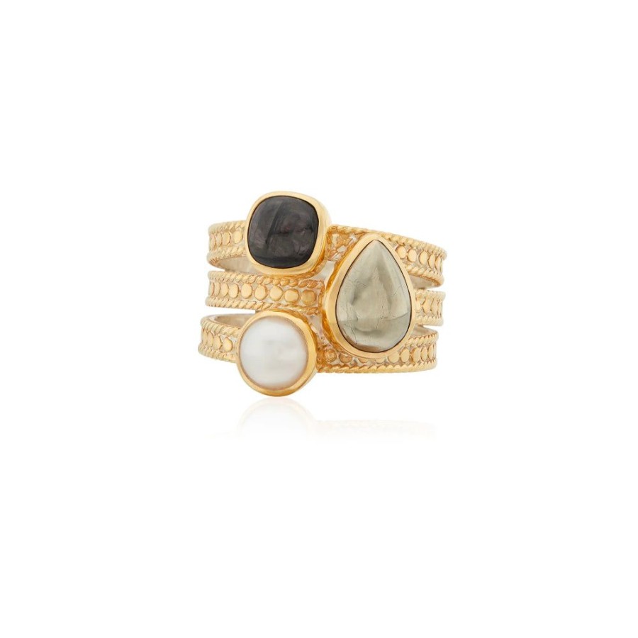 Jewelry Anna Beck | Anna Beck Hypersthene, Pyrite, And Pearl Faux Stacking Ring