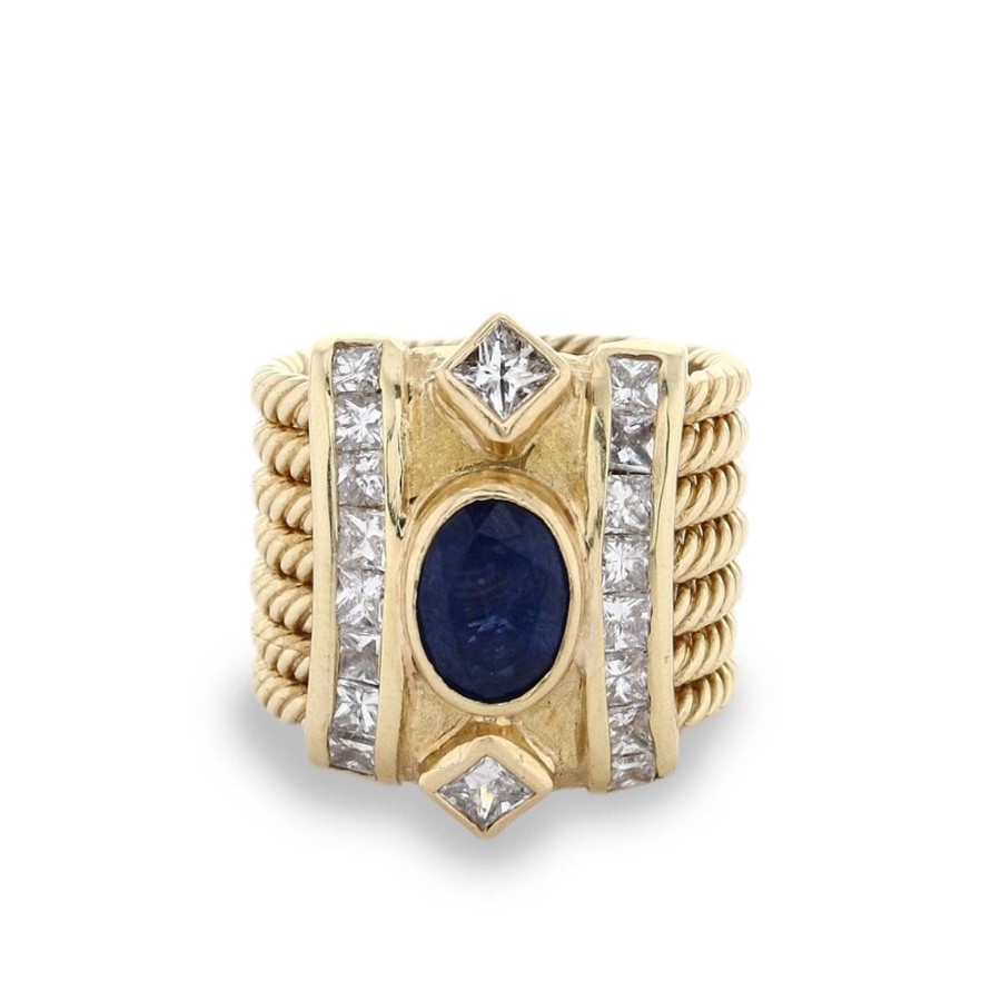 Jewelry Smyth Jewelers | Estate 18K Yellow Gold Wide Oval Sapphire With Diamonds Stacked Cable