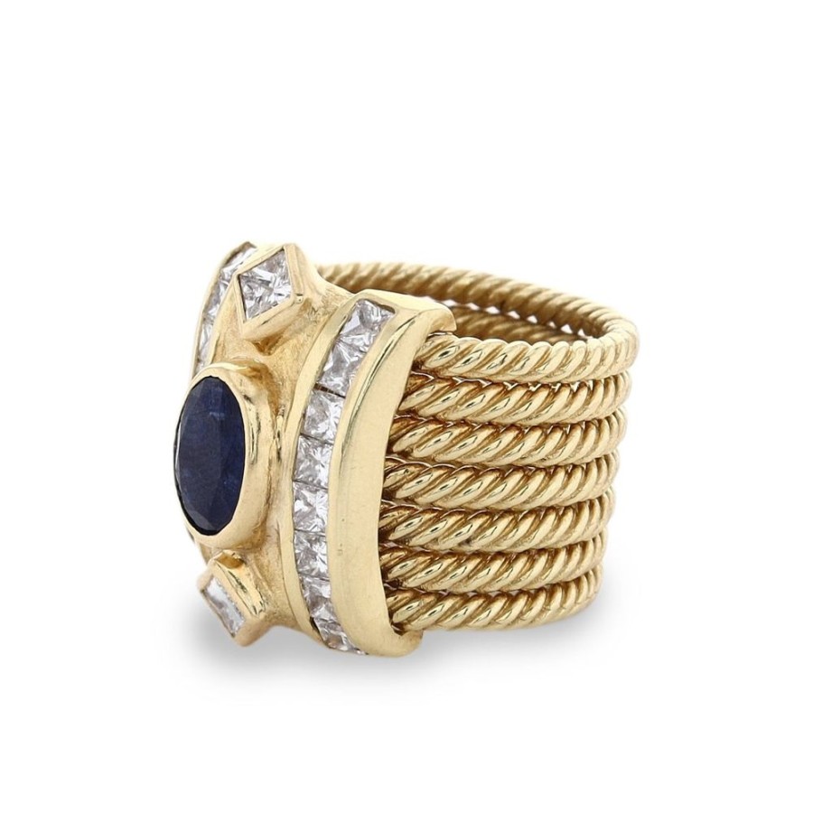 Jewelry Smyth Jewelers | Estate 18K Yellow Gold Wide Oval Sapphire With Diamonds Stacked Cable