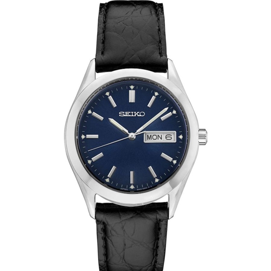 Gifts Seiko | Seiko Essential Collection 37Mm Blue Dial Black Leather Quartz