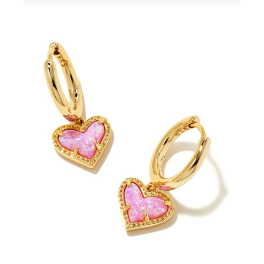 Jewelry Kendra Scott | Kendra Scott Ari Heart Huggie Earring Gold-Bubble Gum Pink Opal