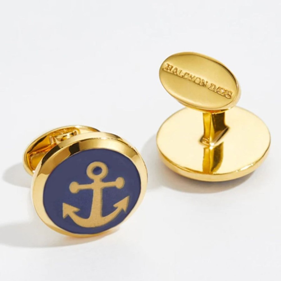 Gifts Halcyon Days | Halcyon Days Anchor Round Gold Cufflinks