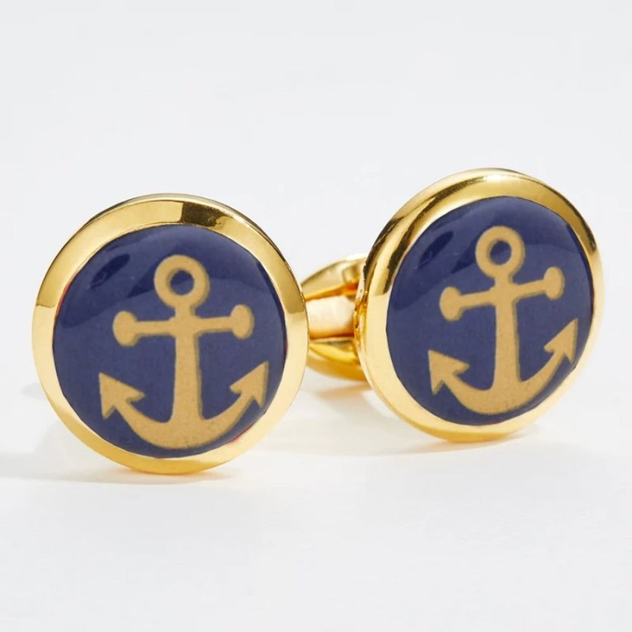 Gifts Halcyon Days | Halcyon Days Anchor Round Gold Cufflinks