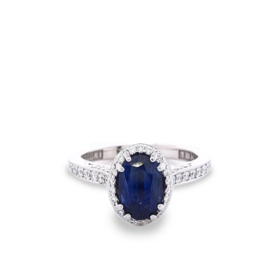 Jewelry Smyth Jewelers | Estate Tacori 18K White Gold Oval Sapphire And Diamond Halo Ring