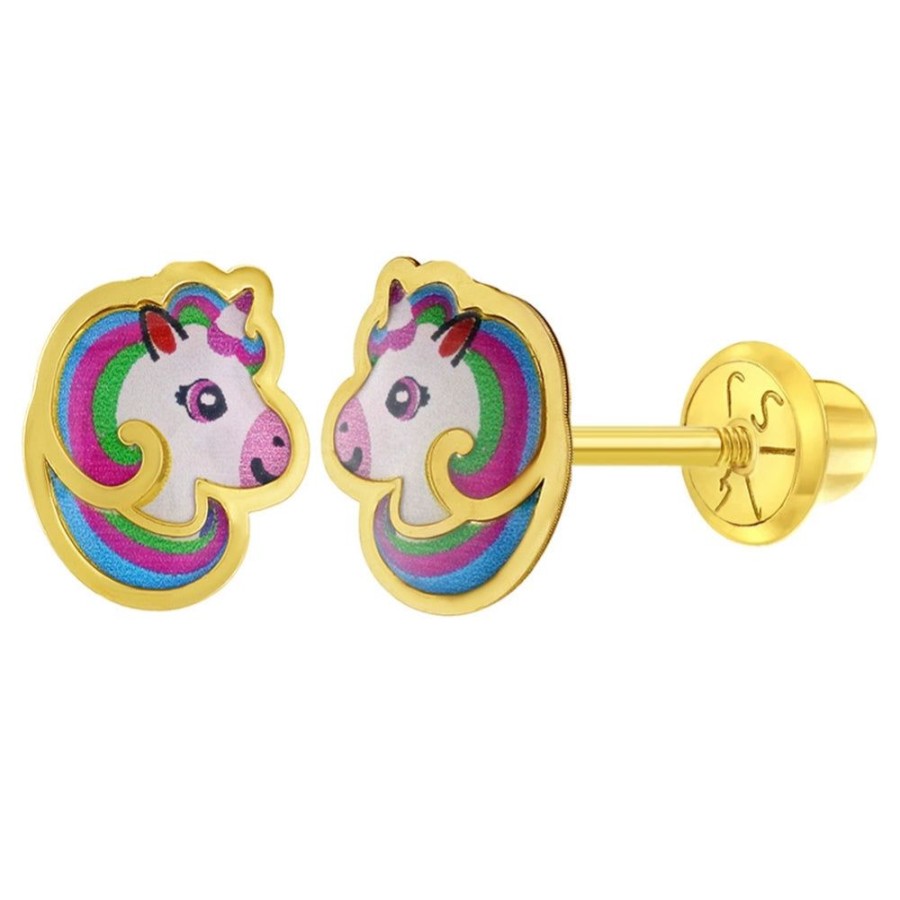 Jewelry Smyth Jewelers | Children'S 14K Yellow Gold Multicolor Enamel Unicorn Earrings