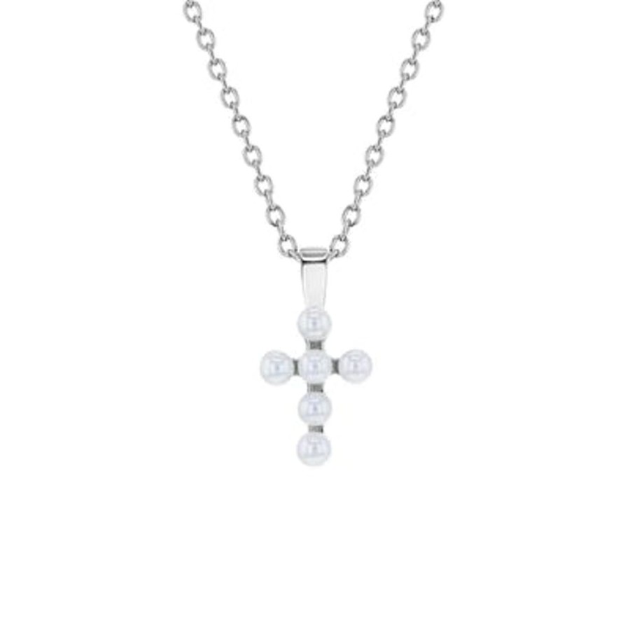 Jewelry Smyth Jewelers | Children'S Sterling Silver White Simulated Pearl Cross Pendant Necklac