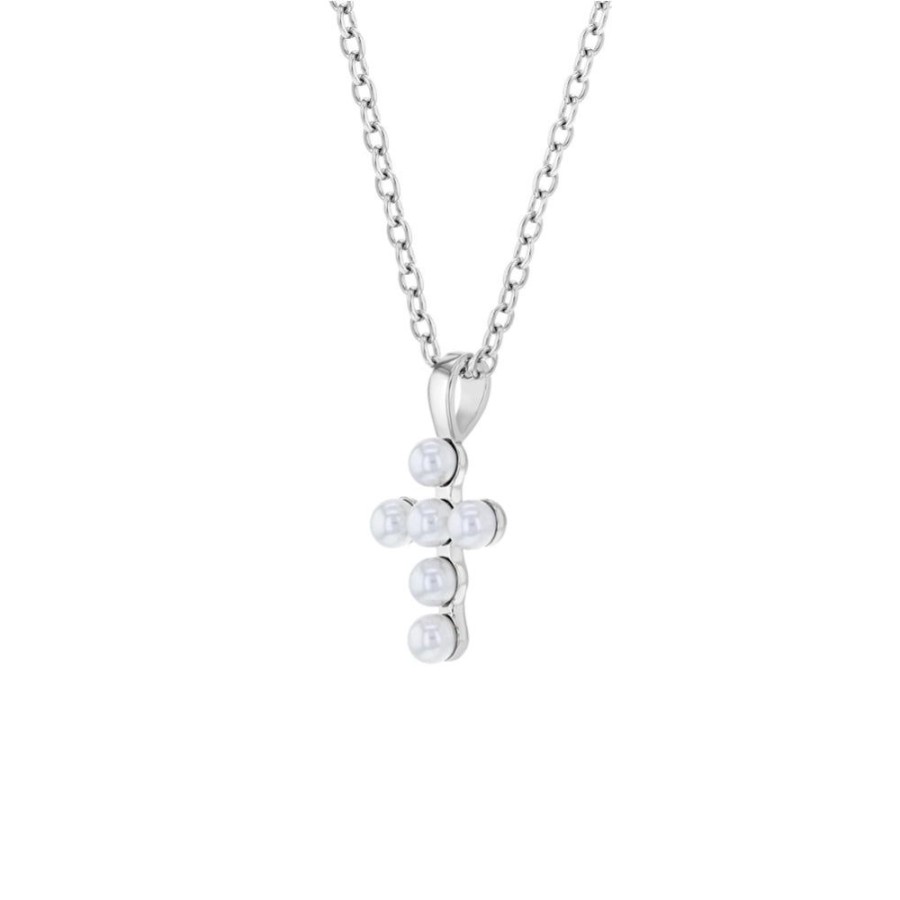 Jewelry Smyth Jewelers | Children'S Sterling Silver White Simulated Pearl Cross Pendant Necklac