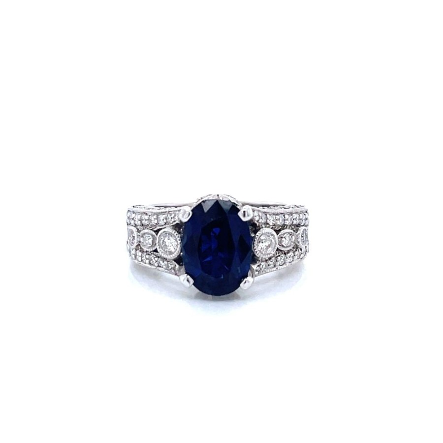 Jewelry Smyth Jewelers | Estate 18K White Gold Oval Sapphire And Diamond Split Shank Ring