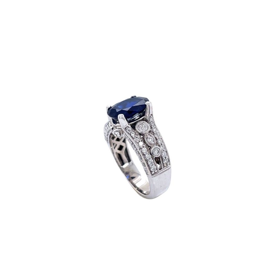 Jewelry Smyth Jewelers | Estate 18K White Gold Oval Sapphire And Diamond Split Shank Ring