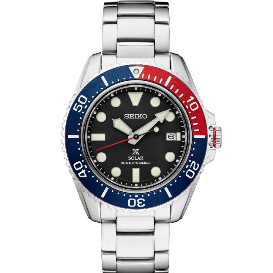 Timepieces Seiko | Seiko Prospex Solar Diver'S Black Dial, Blue And Red Bezel Sne591