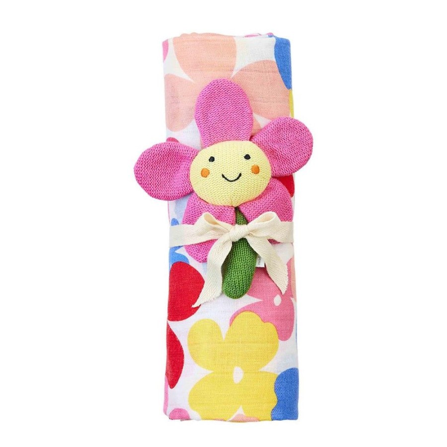 Gifts Mud Pie | Mud Pie Floral Swaddle & Rattle Set