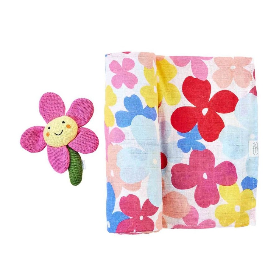 Gifts Mud Pie | Mud Pie Floral Swaddle & Rattle Set