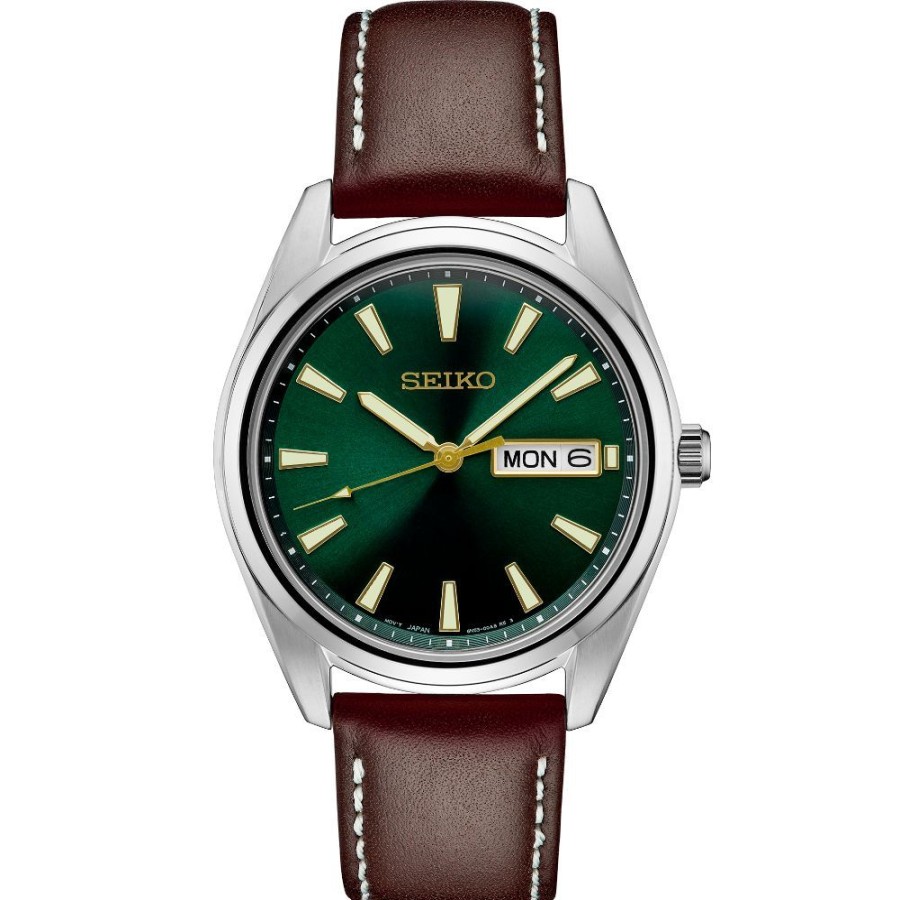 Timepieces Seiko | Seiko Essentials 40Mm Quartz Green/Brown Leather