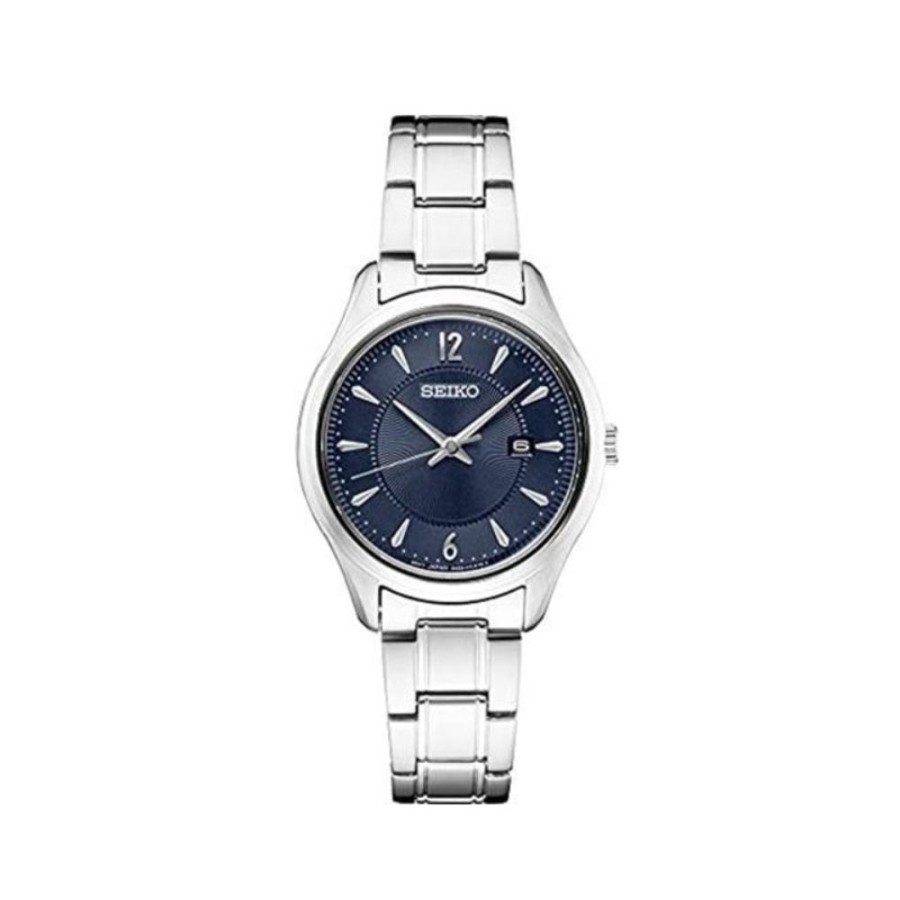 Timepieces Seiko | Seiko Essentials Collection 30Mm Patterned Blue Dial Stainless Quartz