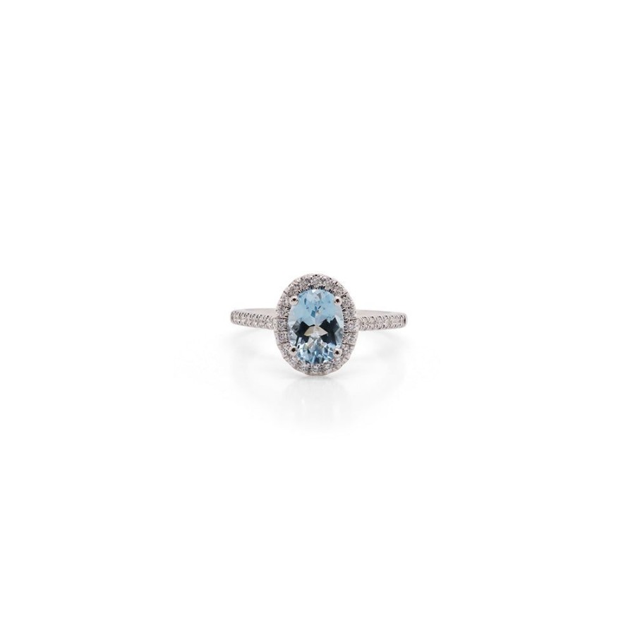 Jewelry Smyth Jewelers | 14K White Gold Oval Aquamarine And Diamond Halo Ring