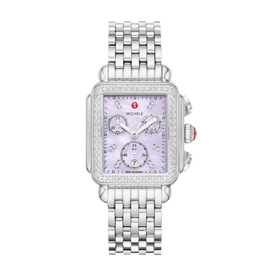 Timepieces Michele | Michele Deco Stainless Steel Diamond Watch, Lavender Dial