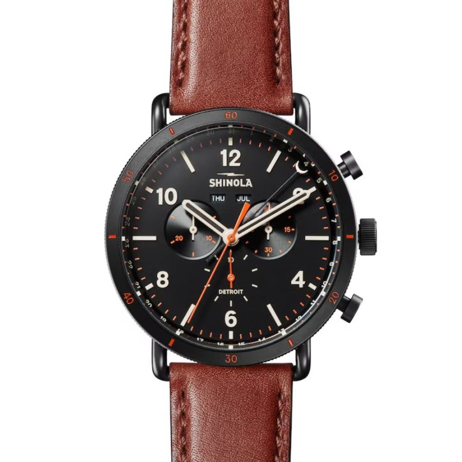 Timepieces Shinola | Shinola Canfield Sport 45Mm Black Dial Cognac Leather Chronograph Quar