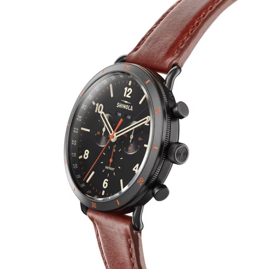 Timepieces Shinola | Shinola Canfield Sport 45Mm Black Dial Cognac Leather Chronograph Quar