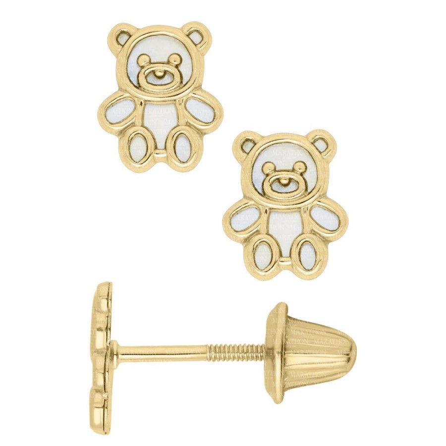 Gifts Smyth Jewelers | 14K Children'S Gold Teddy Bear Mother Of Pearl Earrings