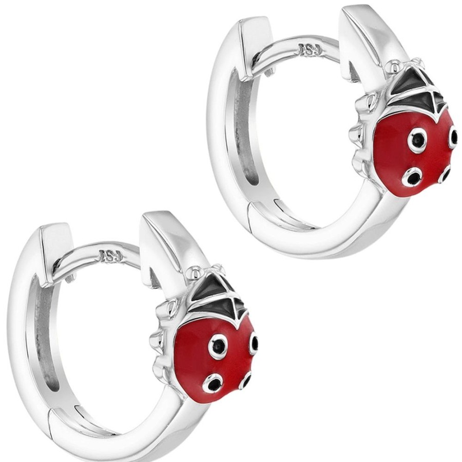 Jewelry Smyth Jewelers | Children'S Sterling Silver Red Enamel Ladybug Huggie Hoop Earrings