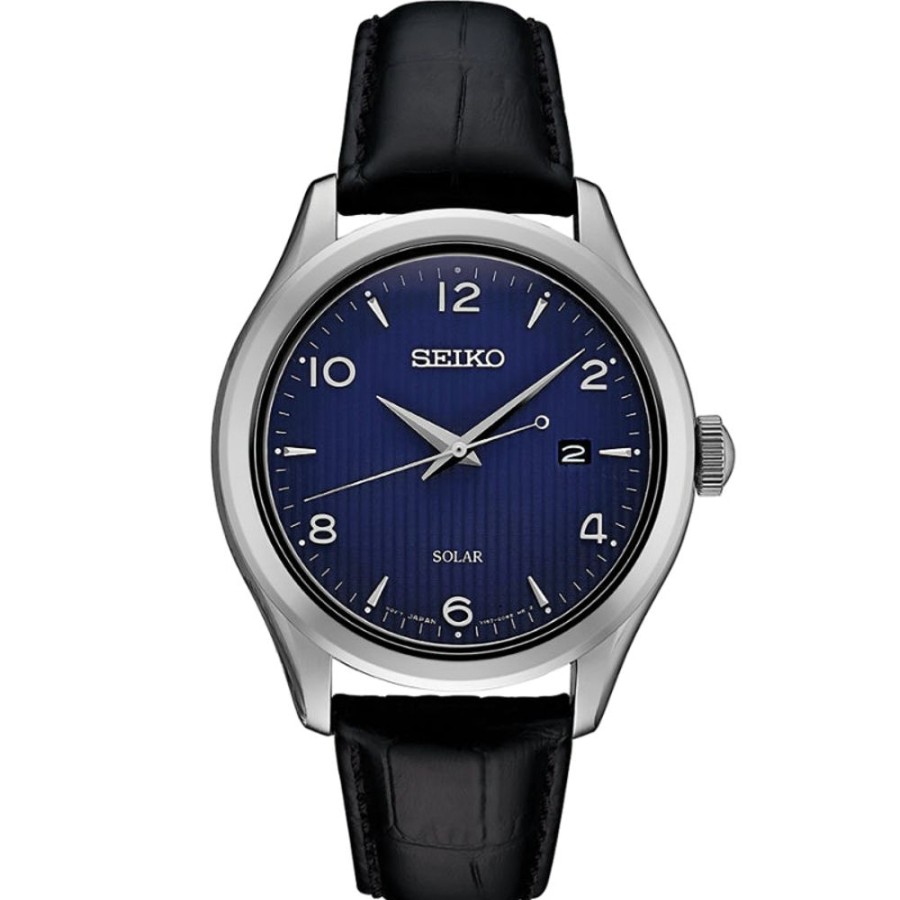 Gifts Seiko | Seiko Essentials Collection Blue Dial Black Leather Strap Solar Sne491