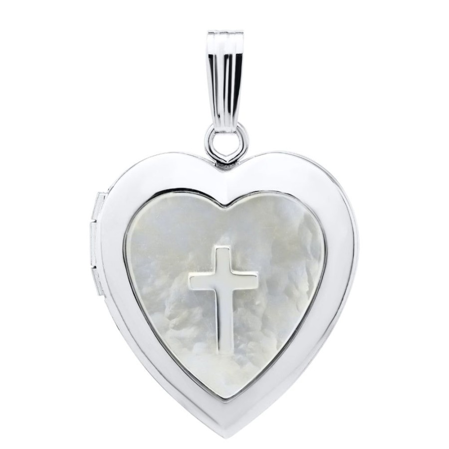 Jewelry Smyth Jewelers | Silver & Mother Of Pearl Heart With Cross Locket Necklace 18"