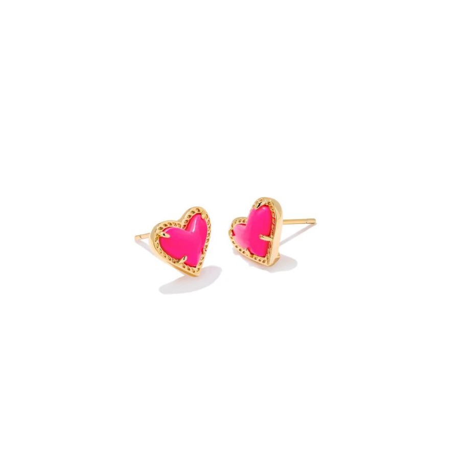 Jewelry Kendra Scott | Kendra Scott Ari Heart Gold Stud Earrings In Neon Pink Magnesite