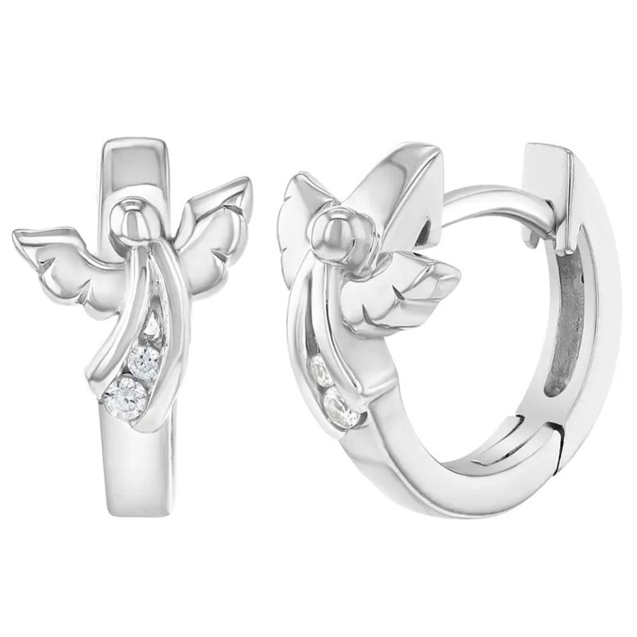 Jewelry Smyth Jewelers | Children'S Sterling Silver Clear Cz Angel Guardian Hoop Huggie Earring