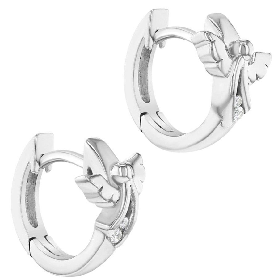 Jewelry Smyth Jewelers | Children'S Sterling Silver Clear Cz Angel Guardian Hoop Huggie Earring