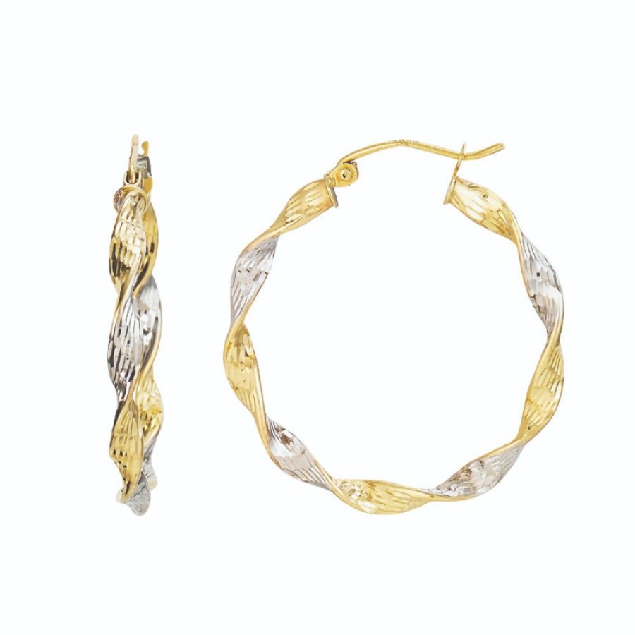 Jewelry Smyth Jewelers | 14K Two Tone Diamond-Cut Twisted Ribbon Hoop Earrings