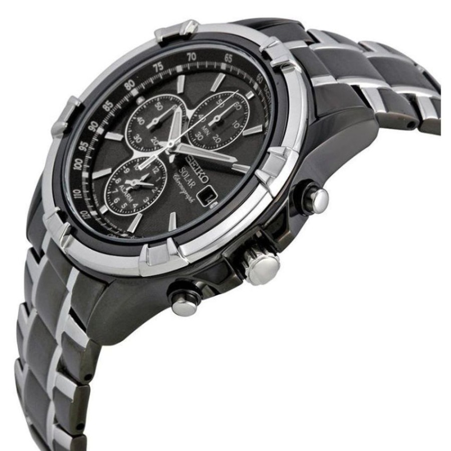 Gifts Seiko | Seiko Essentials 43Mm Solar Black Dial Black Ion Stainless Chronograph