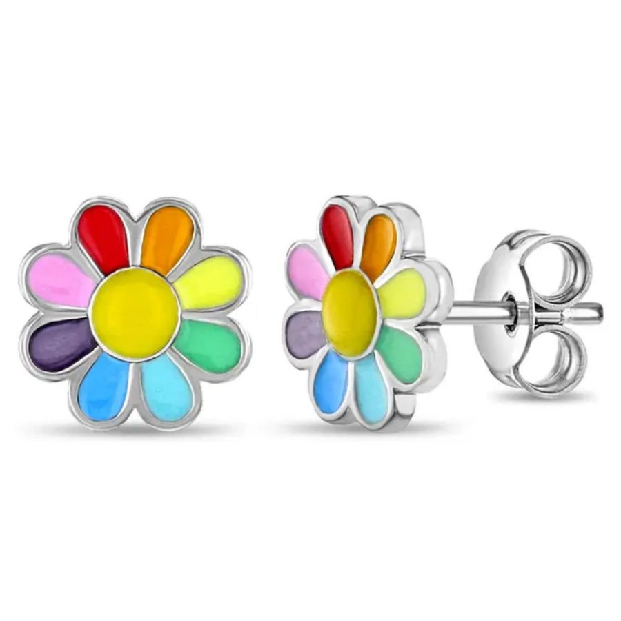 Jewelry Smyth Jewelers | Children'S Sterling Silver Rainbow Enamel Daisy Stud Earrings