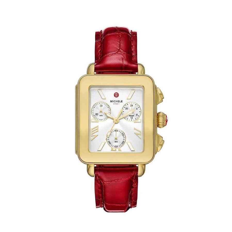 Timepieces Michele | Michele Deco Sport 18K Gold-Plated Ruby Red Leather Watch