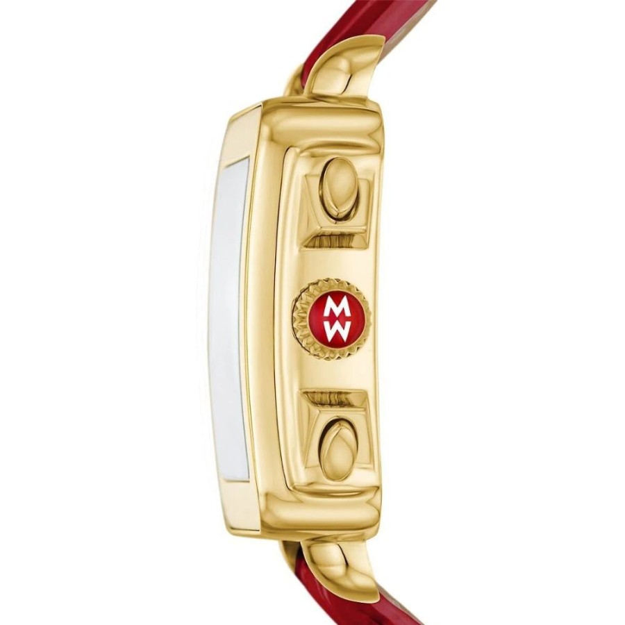 Timepieces Michele | Michele Deco Sport 18K Gold-Plated Ruby Red Leather Watch