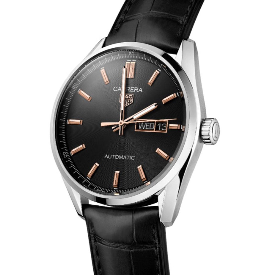 Gifts TAG Heuer | Tag Heuer Gents Carrera 41Mm Day Date Automatic - Black & Rose/Leather