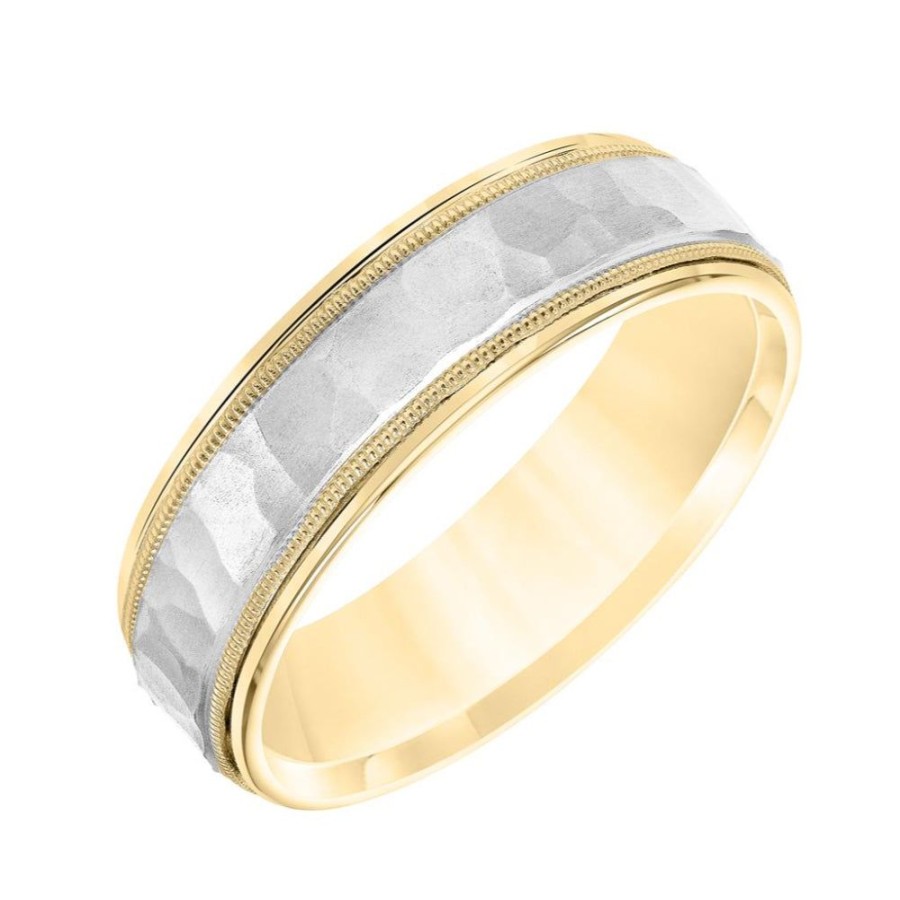 Jewelry Smyth Jewelers | 18Y/Plt Two Tone Carved Milgrain Edge Hammered Center Wedding Band