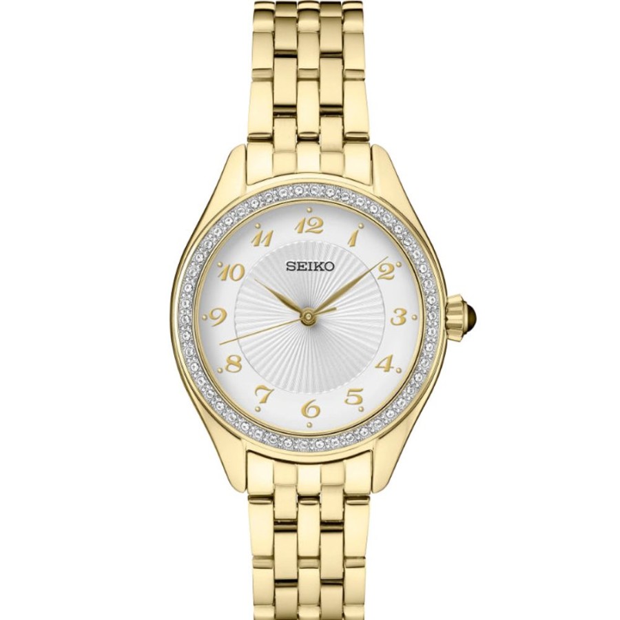 Timepieces Seiko | Seiko Essentials 29Mm Patterned White Dial Gold Stainless With Swarovs