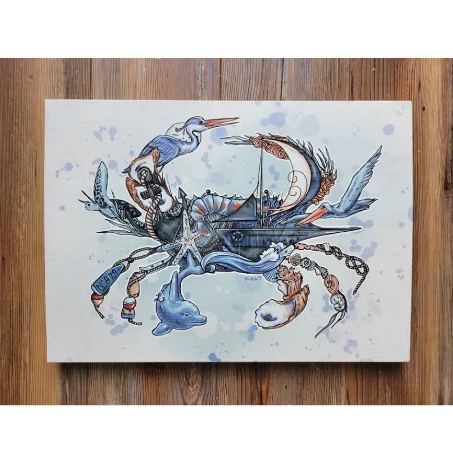 Gifts Smyth Jewelers | Crab Collage Wood Plank Art - White