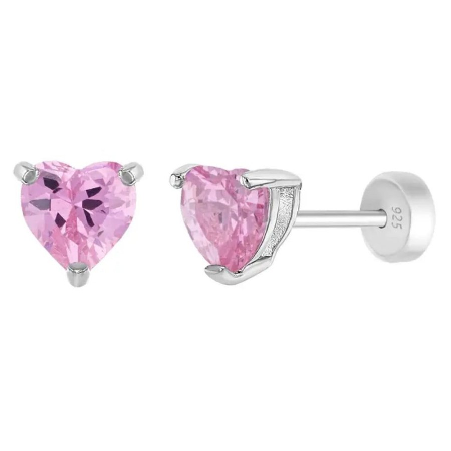 Jewelry Smyth Jewelers | Children'S Sterling Silver & Pink Cz Solitaire Heart Stud Earrings