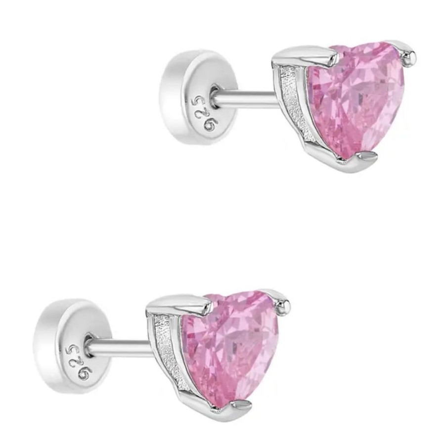 Jewelry Smyth Jewelers | Children'S Sterling Silver & Pink Cz Solitaire Heart Stud Earrings