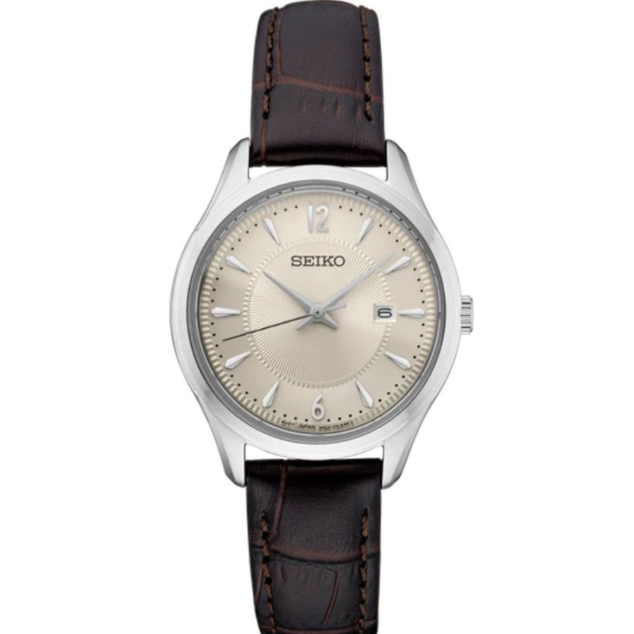 Timepieces Seiko | Seiko Essentials 29.9Mm White Dial Brown Leather Strap Sur427