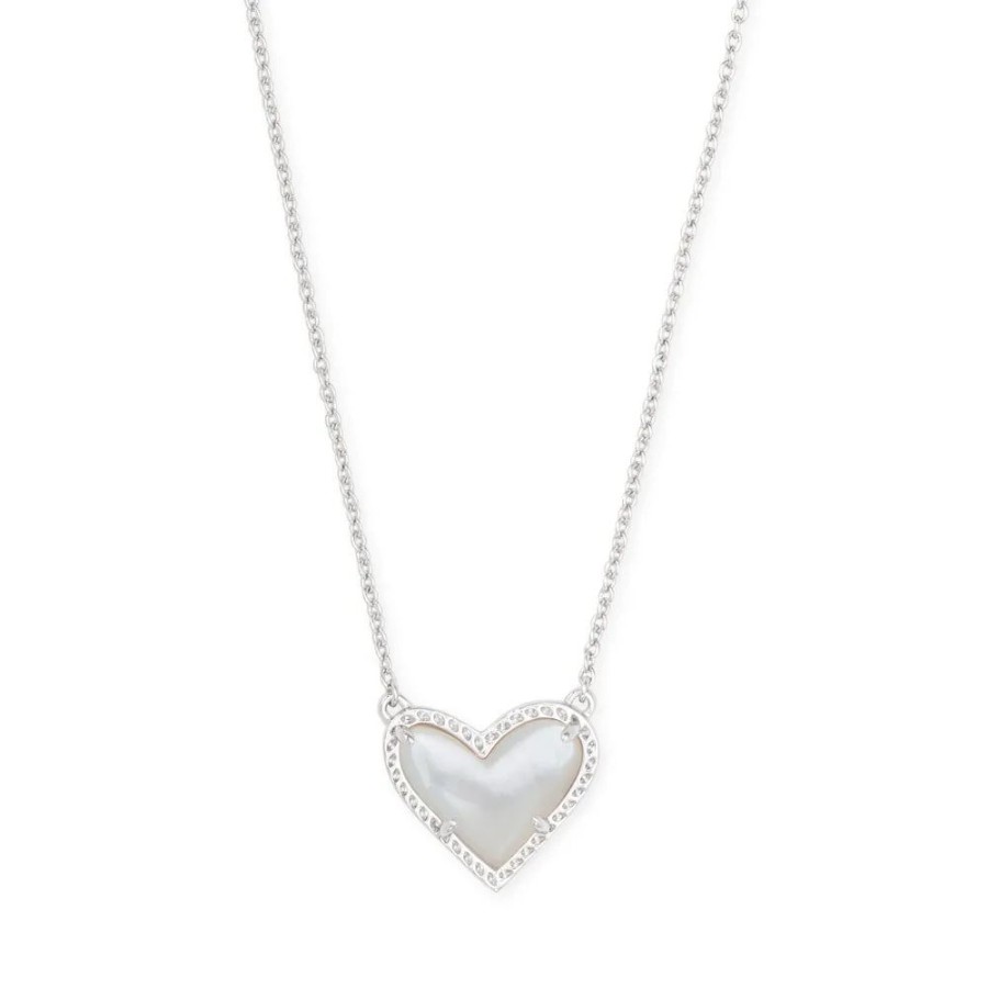 Jewelry Kendra Scott | Kendra Scott Ari Heart Rhodium Pendant Necklace In Ivory Mother-Of-Pea