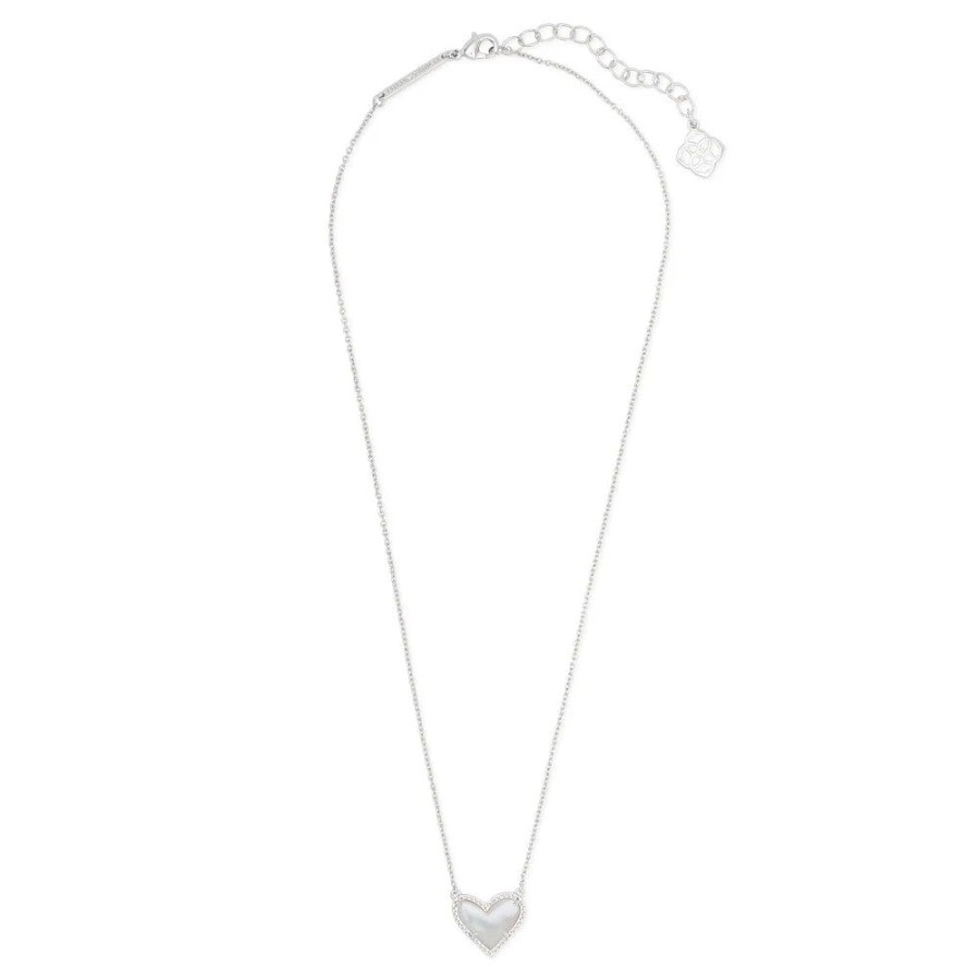 Jewelry Kendra Scott | Kendra Scott Ari Heart Rhodium Pendant Necklace In Ivory Mother-Of-Pea