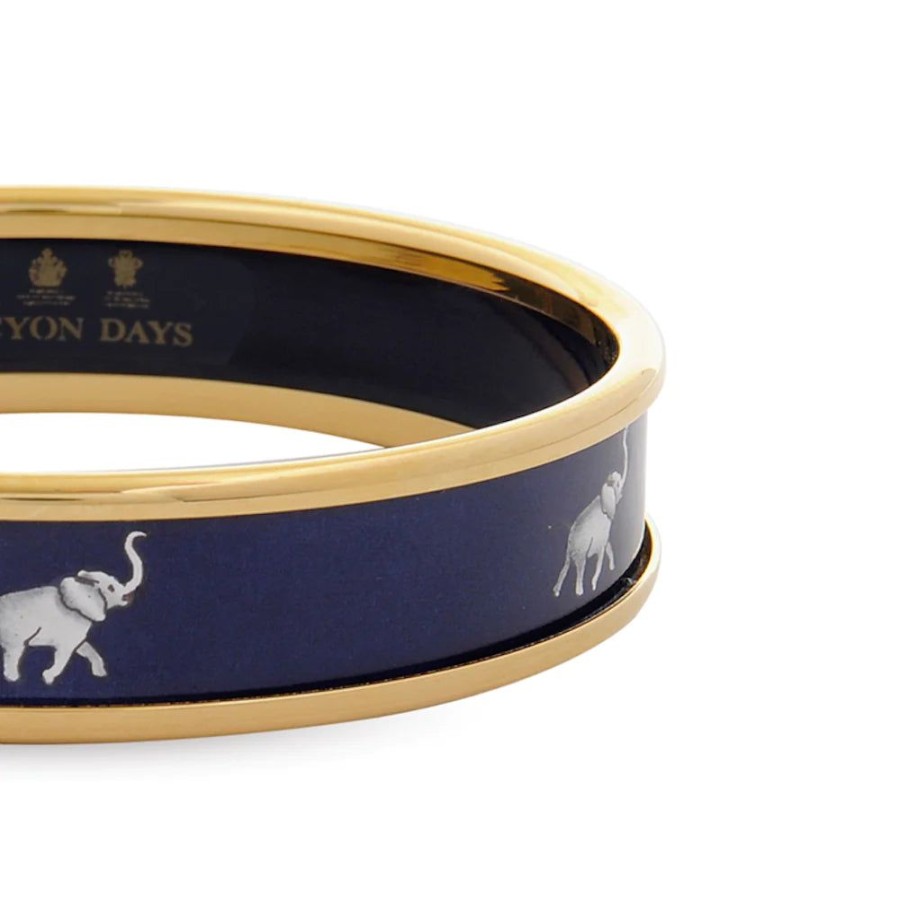 Jewelry Halcyon Days | Halcyon Days 1Cm Elephant Navy & Gold Enamel Bangle