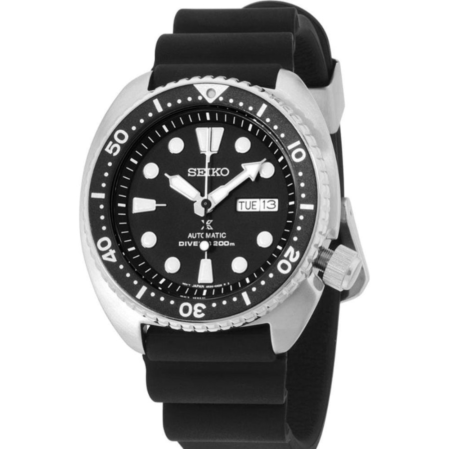 Timepieces Seiko | Seiko Prospex Turtle 45Mm Black Dial Stainless With Rubber Strap Autom