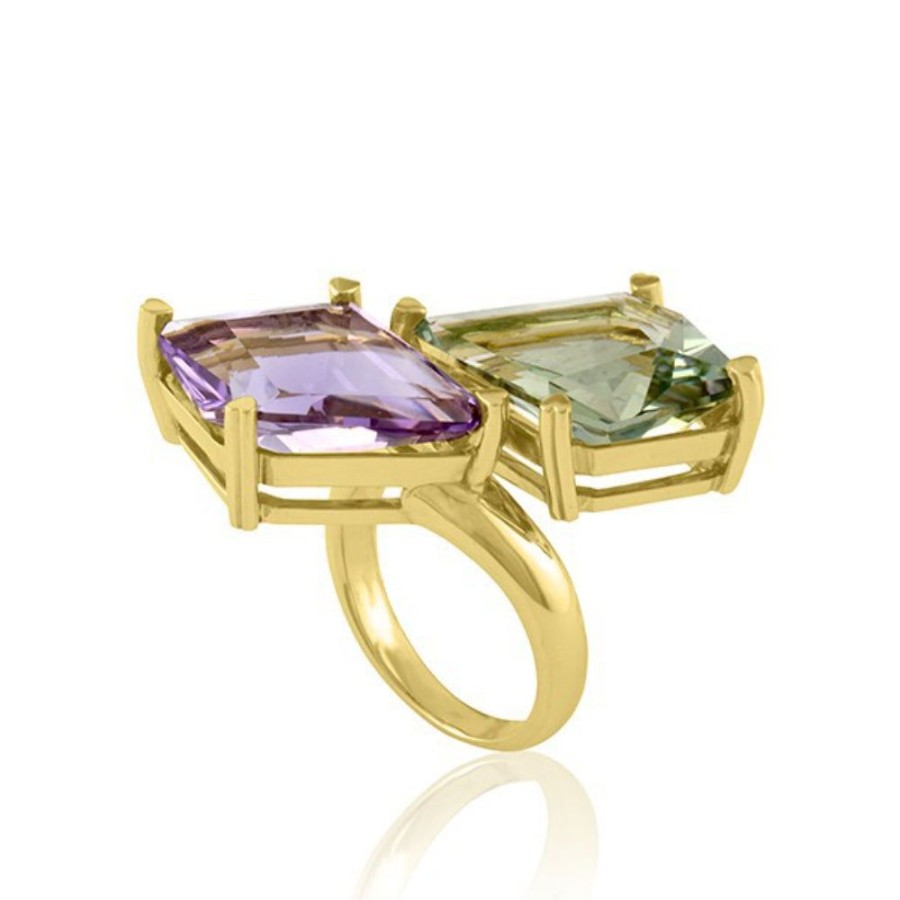 Jewelry Lisa Nik | Lisa Nik 18K Gold Green Quartz & Amethyst Bypass Ring