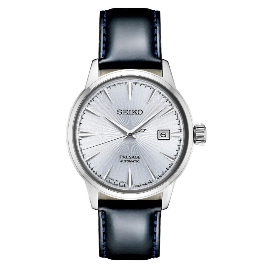 Timepieces Seiko | Seiko Presage 40Mm Automatic, Silver Dial / Blue Leather Strap