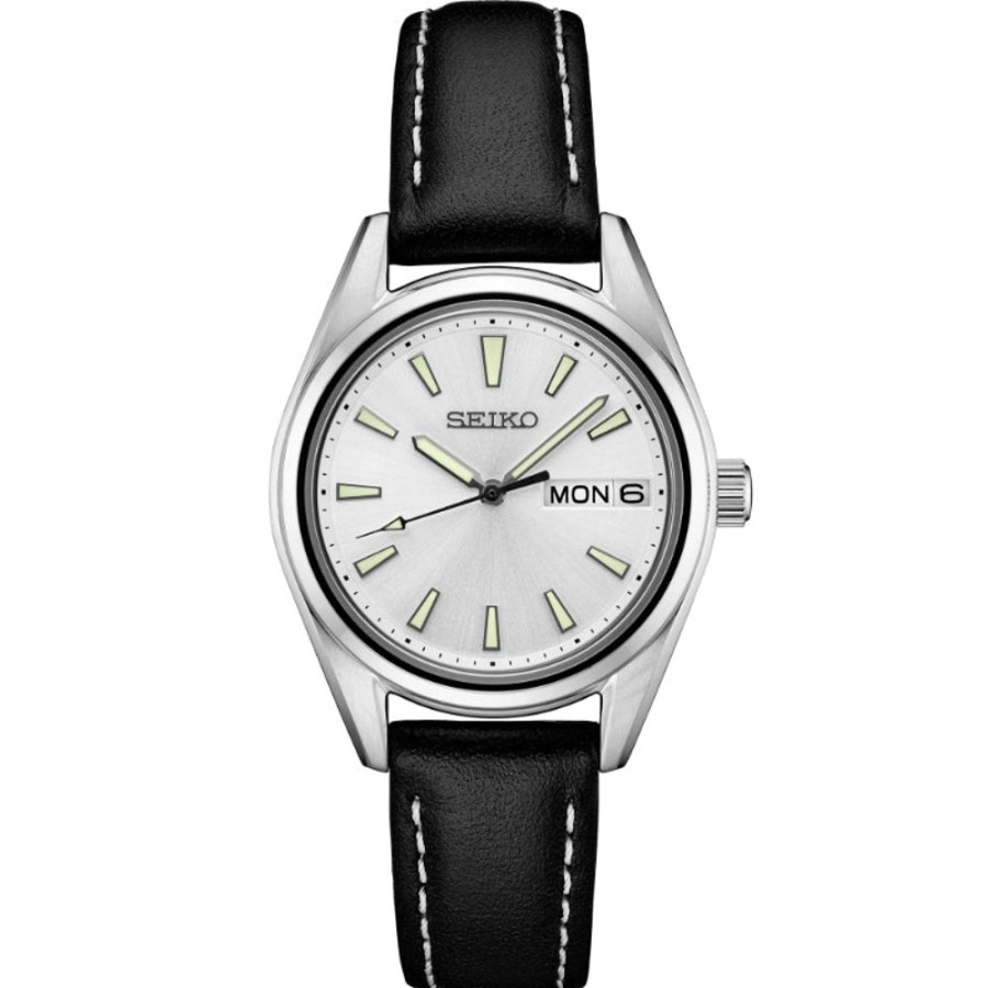 Timepieces Seiko | Seiko Essentials 30Mm Quartz, Silver Dial / Black Leather Strap