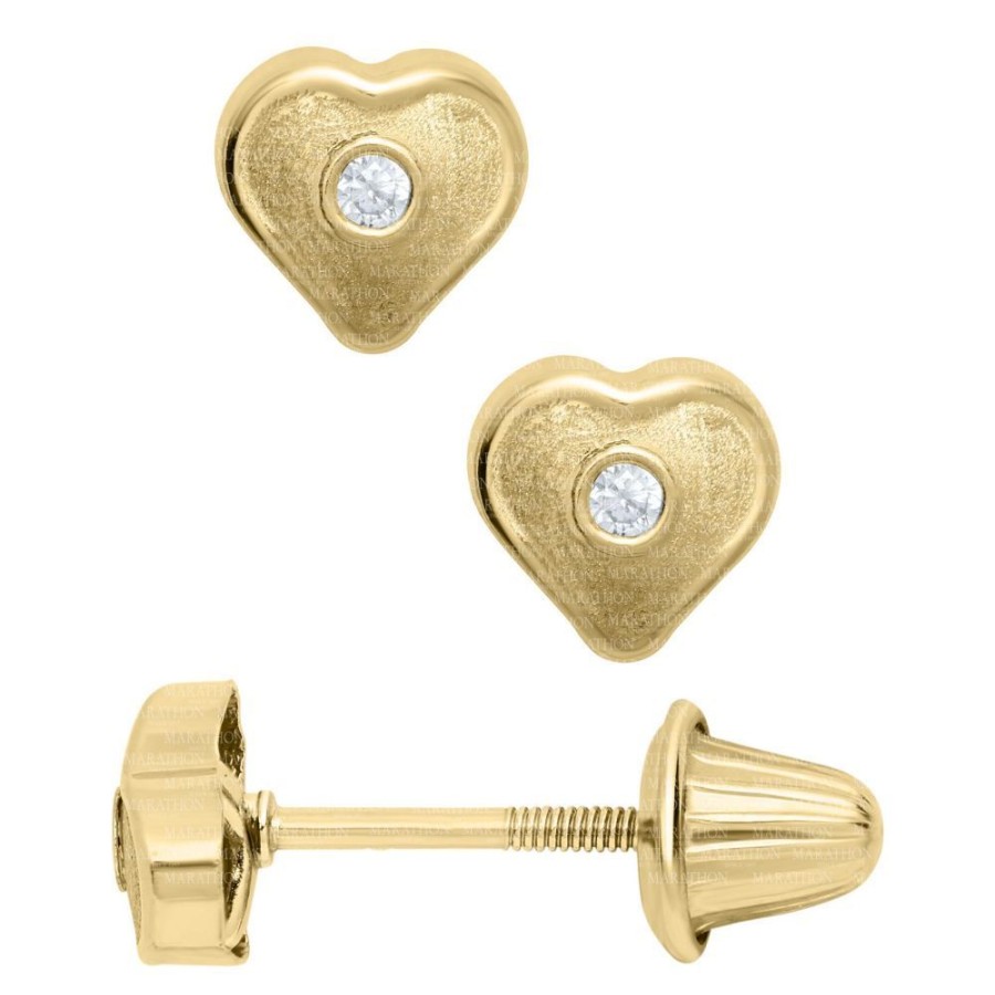 Gifts Smyth Jewelers | 14K Yellow Gold Children'S Solid Heart Earrings W/ Cz Center