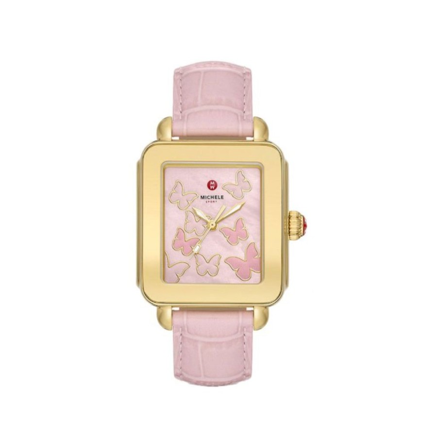 Timepieces Michele | Michele Deco Sport Gold-Tone Pink Leather Watch